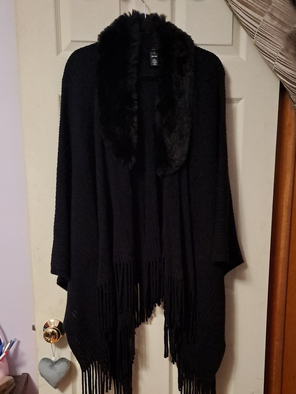 Mixit Black Faux Fur Trim Fringe Knit Poncho (One Size)